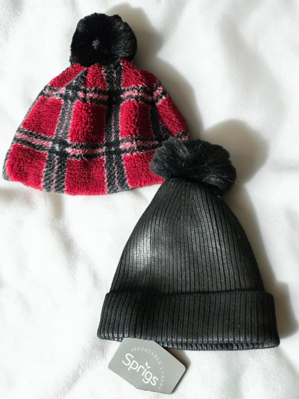 NWT SPRIGS (OSFA) Adult Qty 2 Hats with Pom Pom and Sherpa Lining